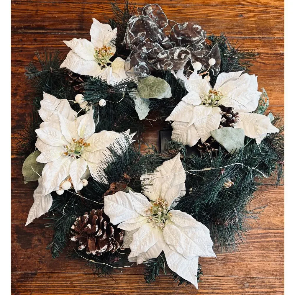 Set of 2 Handmade 19” Poinsettia Winter Wreaths with Greenery Wire Backs